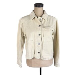 Böhme Women Cream Denim Utility Jacket Button Front Cropped Chore Coat Large NWT